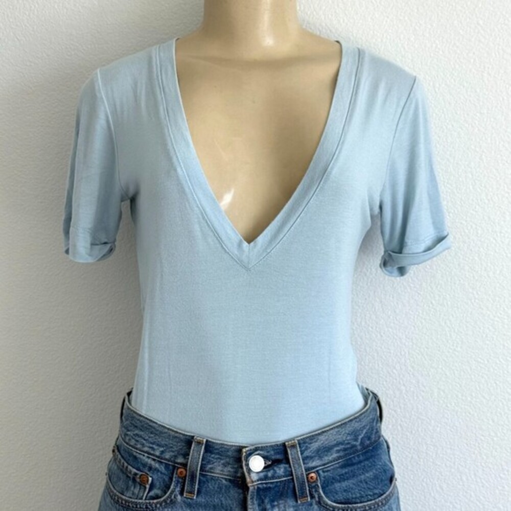 Free People Bodysuit Small Light Blue Y2K Coquette Coastal Deep V-Neck Jersey
